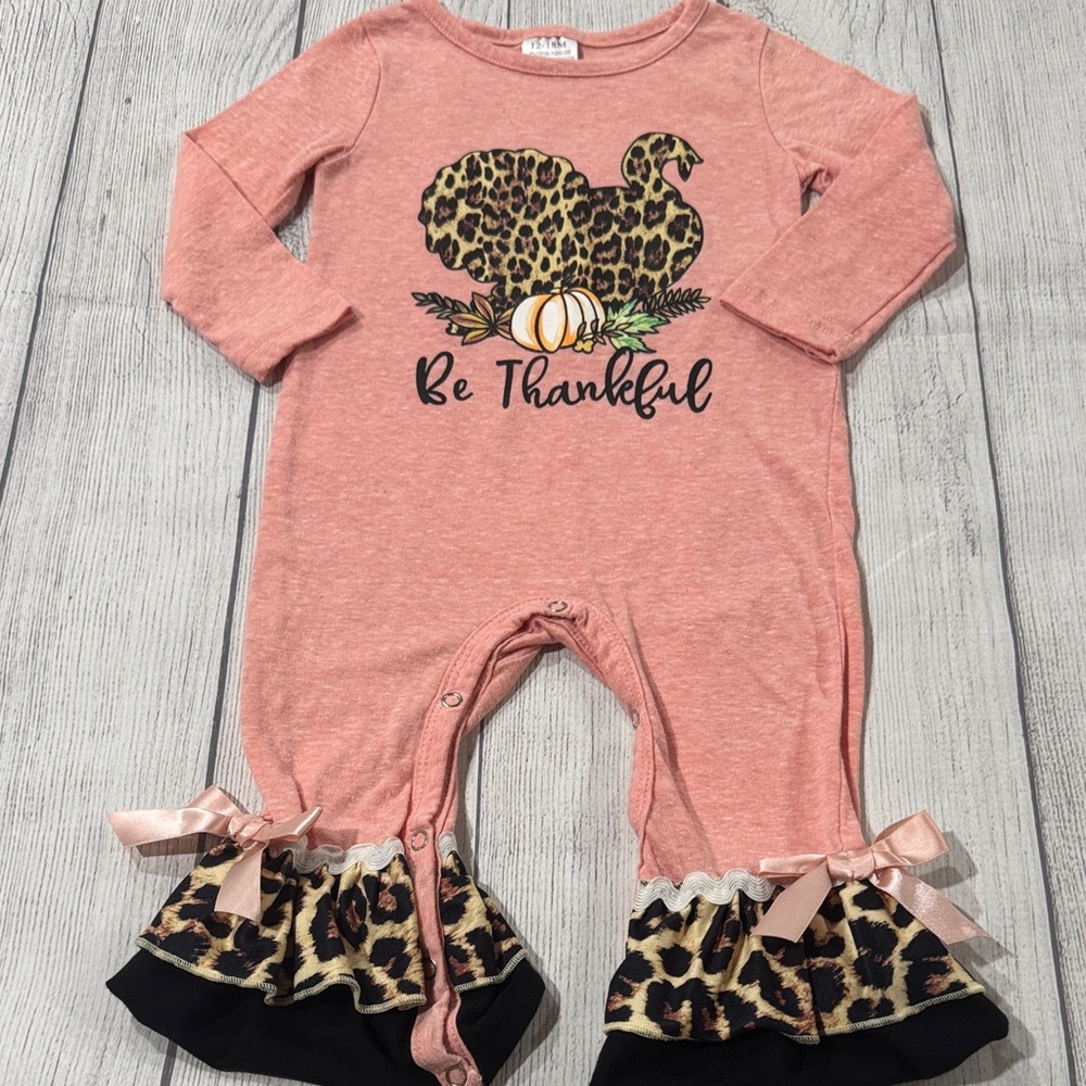 Baby Girls Pink “Be Thankful” Romper with Leopard Print Turkey Design